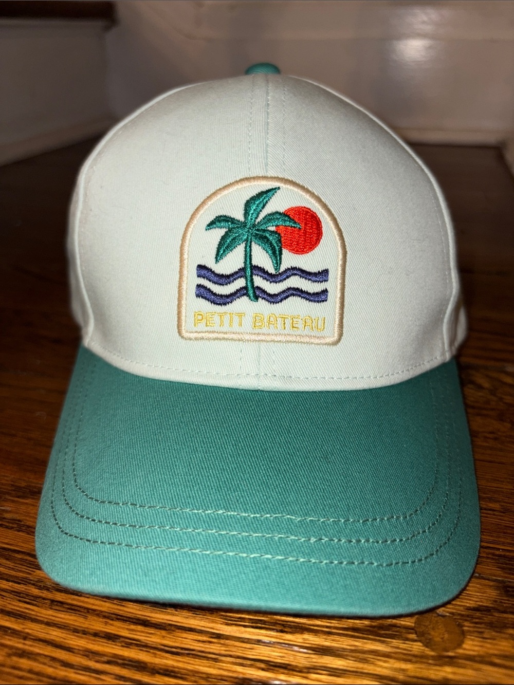 Petit Bateau Two-Tone Palm Patch Cap - Cream & Teal Green